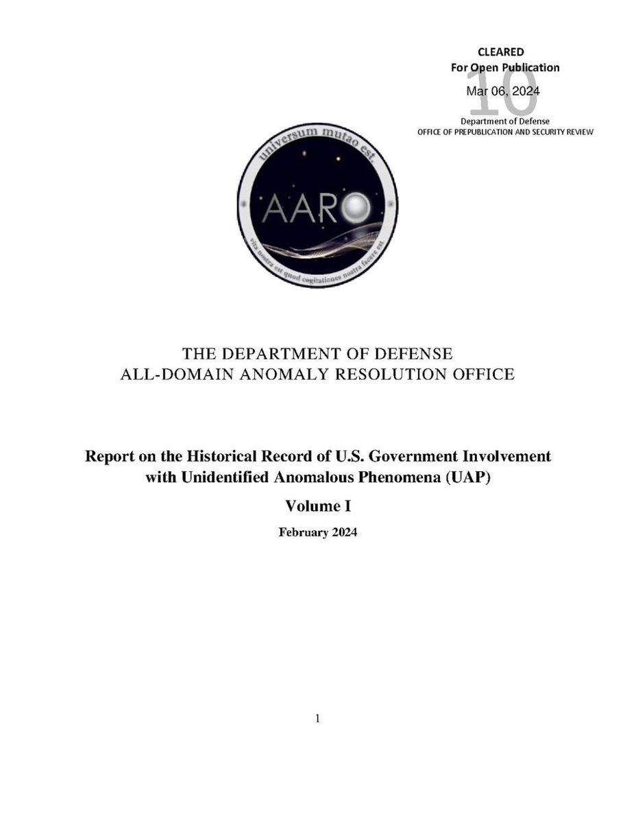 AAROのロゴと「Report on the Historical Record of U.S. Government Involvement with Unidentified Anomalous Phenomena (UAP) Volume I February 2024」と書かれた表紙