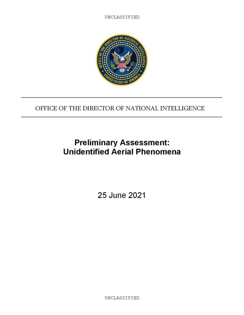 「Preliminary Assessment: Unidentified Aerial Phenomena 25 June 2021」と書かれた国家情報長官室の報告書の表紙