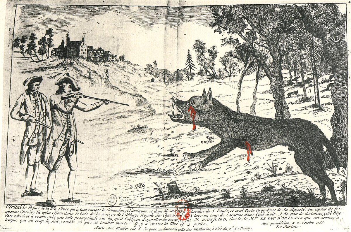 森のはずれで、銃を構えた狩人が大きな狼を撃つ場面の版画