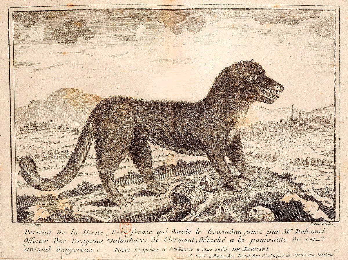 縞のある長い胴と大きな口を持つ獣を描いた18世紀の版画