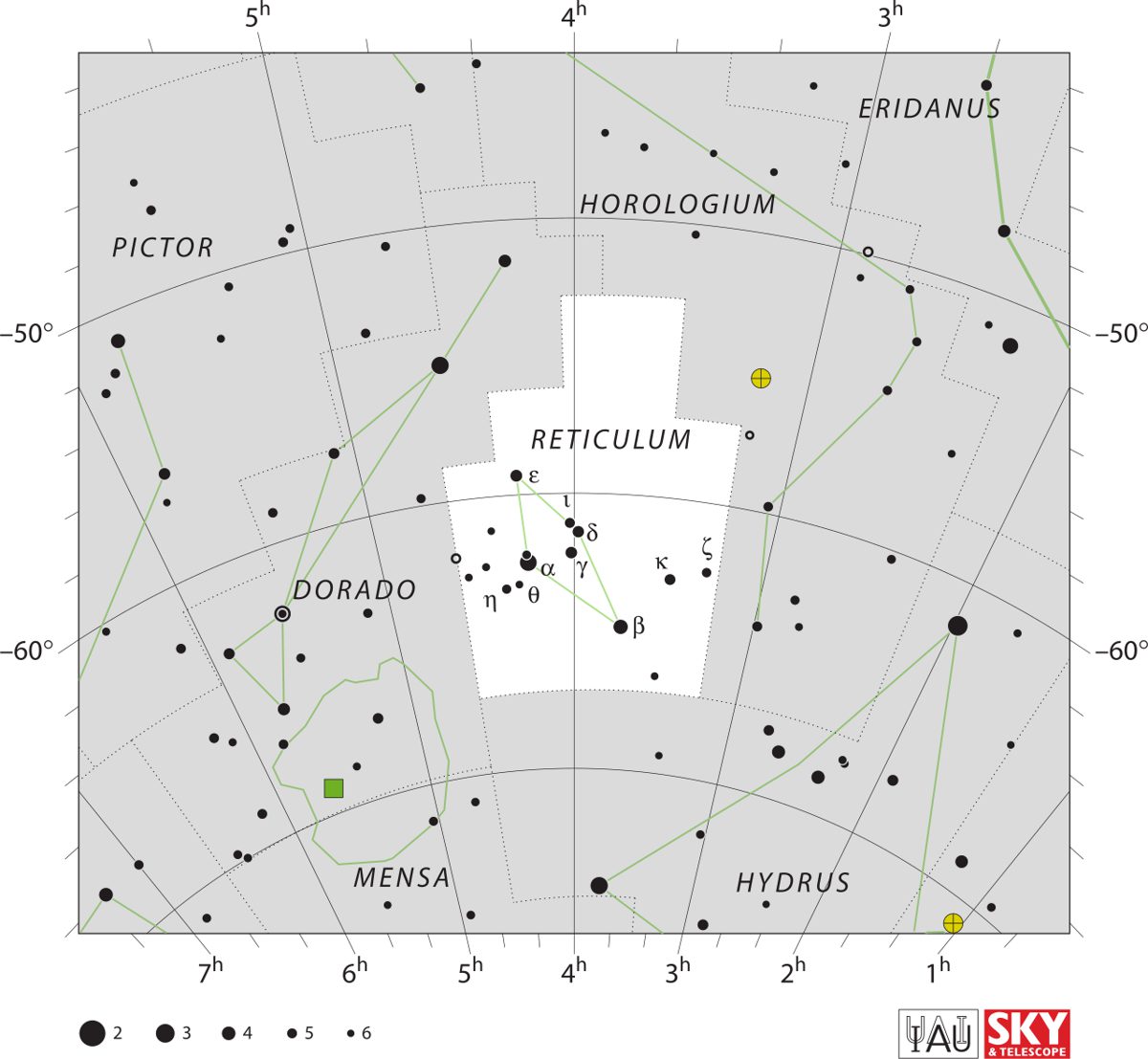 南天の小さな星座レチクル座の星図。ゼータ星の位置が示されている