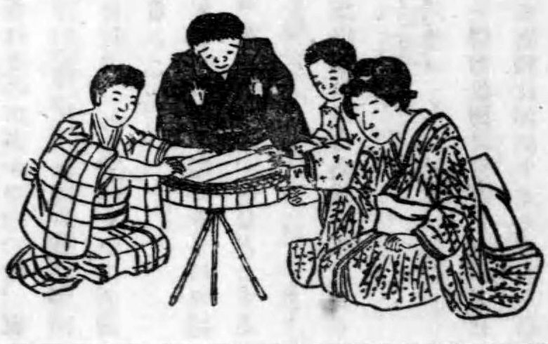 着物姿の人々が、三本の棒で支えた台を囲み、手を添えている明治期の図
