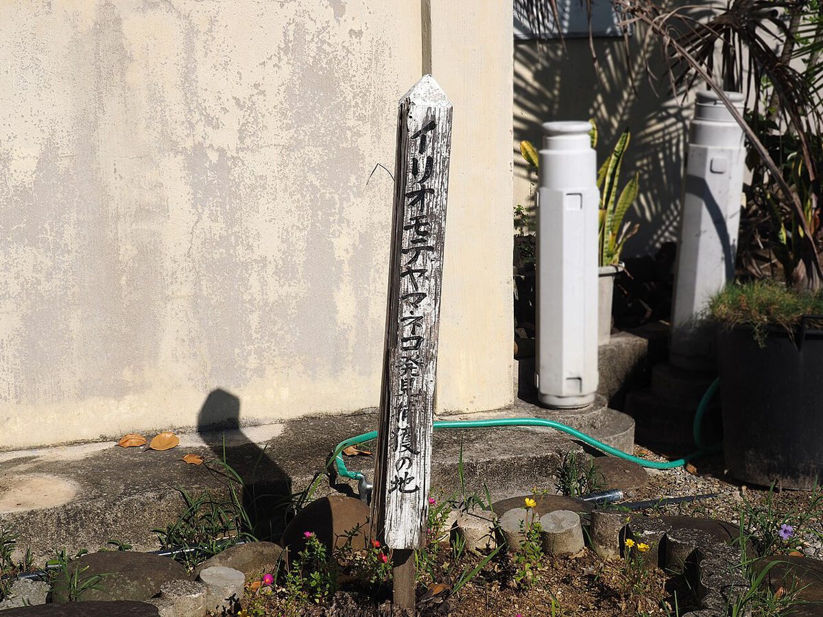 西表島船浮に立つ「イリオモテヤマネコ発見捕獲の地」の木の標柱
