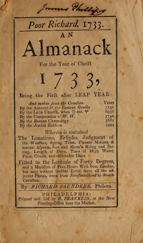 Poor Richard, 1733と書かれた暦の扉