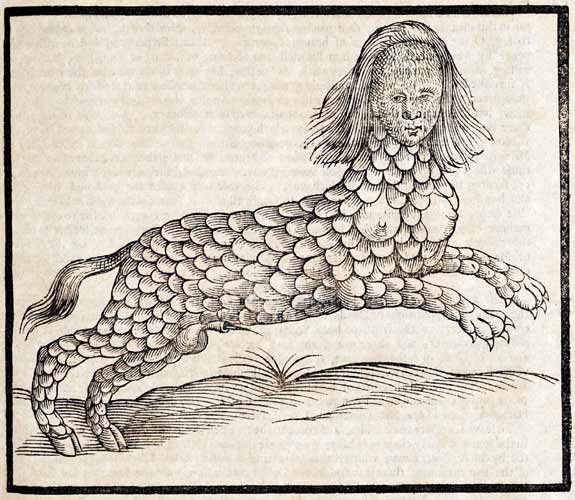 女の顔と、うろこに覆われた四本足の獣の体をもつ怪物の木版画