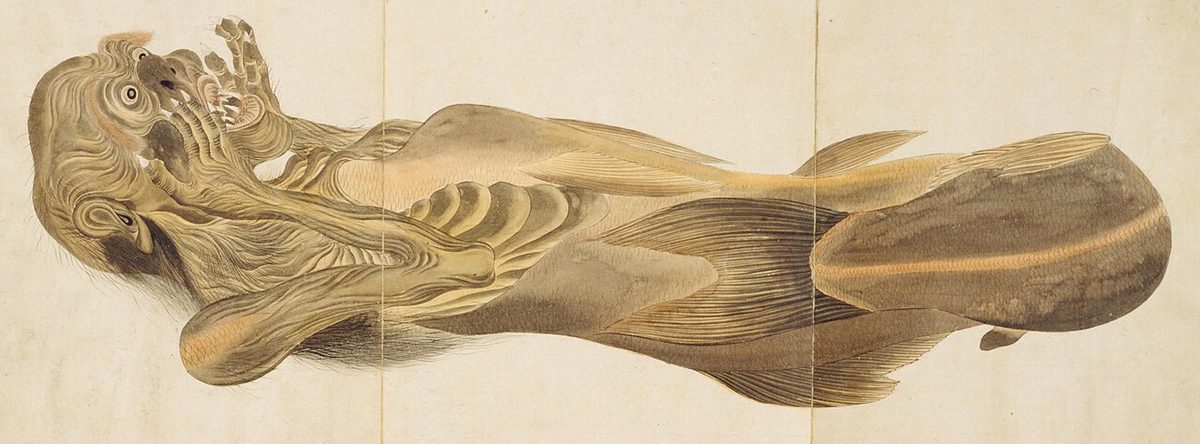 毛利梅園が描いた人魚の標本の図。上半身は猿のような顔、下半身は魚