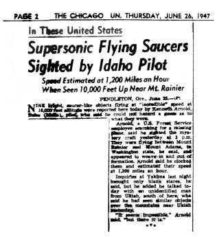 Supersonic Flying Saucers Sighted by Idaho Pilot という見出しの新聞記事