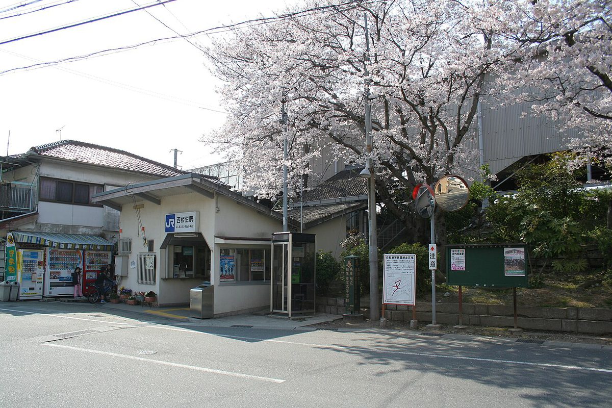 小さな平屋の駅舎に「JR西相生駅」の看板。入り口の前に花の鉢が並ぶ