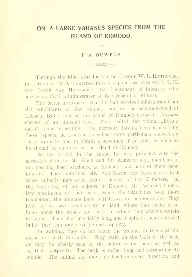 Ouwensによる1912年のコモドドラゴン原記載の第一ページ