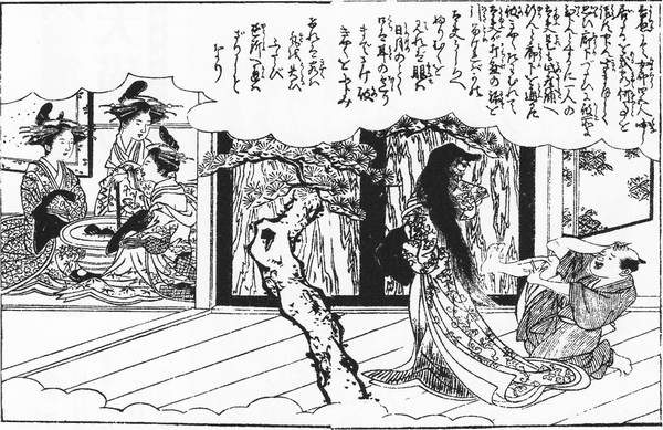 吉原の座敷の廊下で、長い髪の太夫に驚いて尻もちをつく男を描いた墨摺りの挿絵