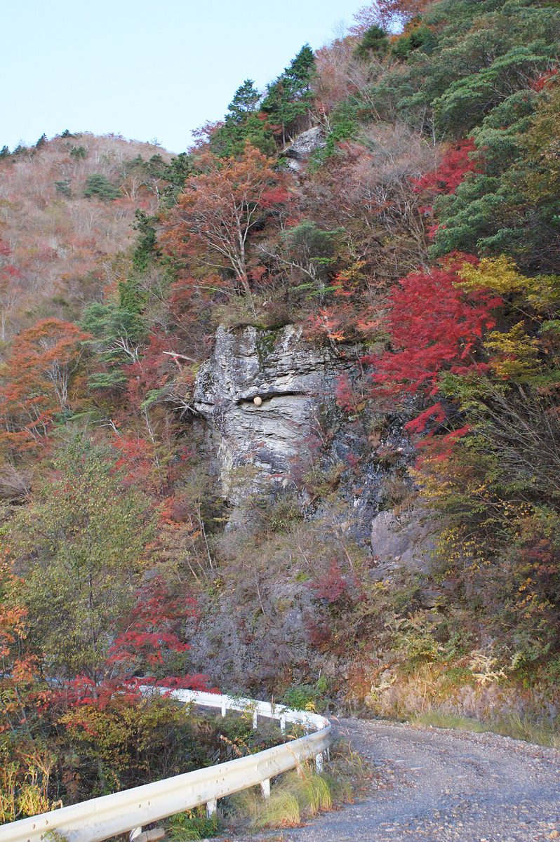 紅葉した山の岩肌の下を通る、細い舗装の林道