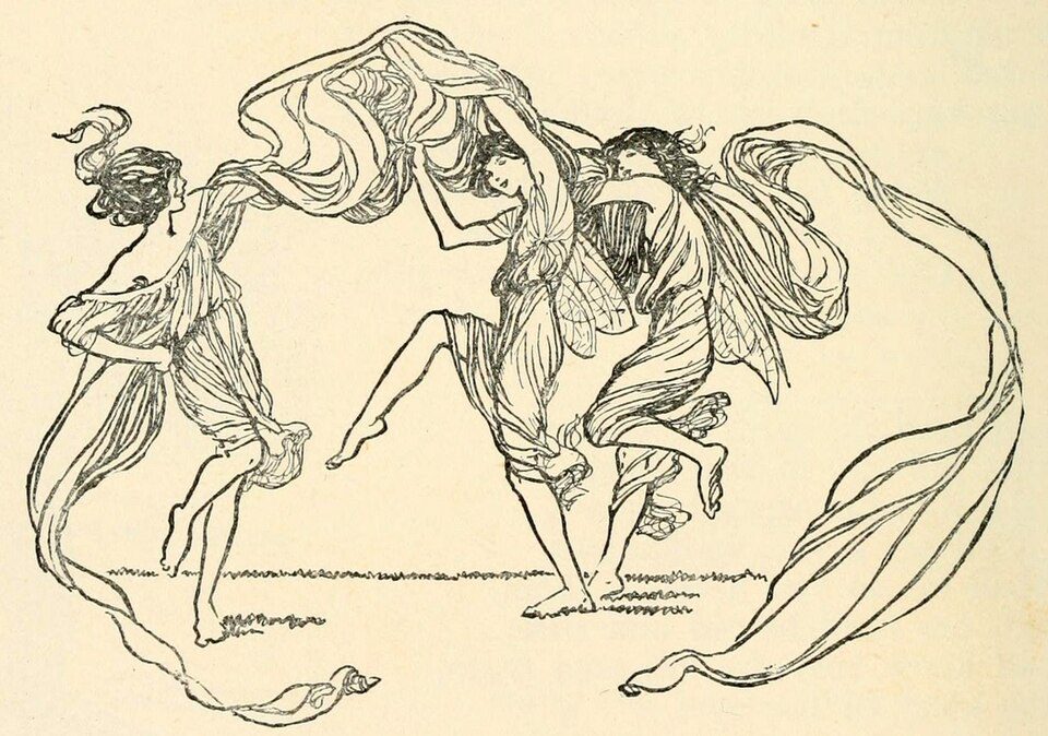 布をなびかせて踊る、羽のある3人の妖精を描いたペン画