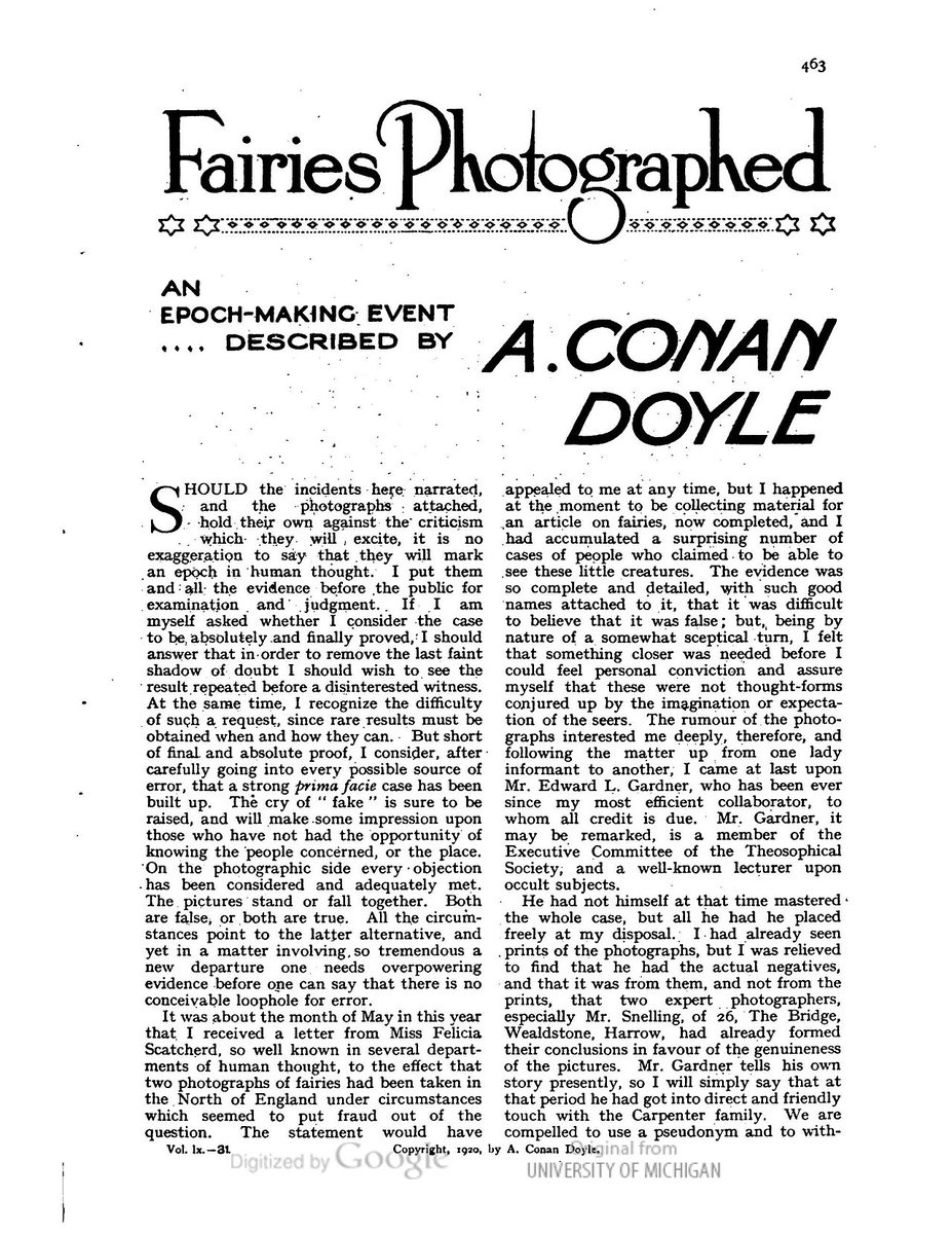 英国の雑誌ストランドに載った、コナン・ドイルの記事「Fairies Photographed」の最初のページ