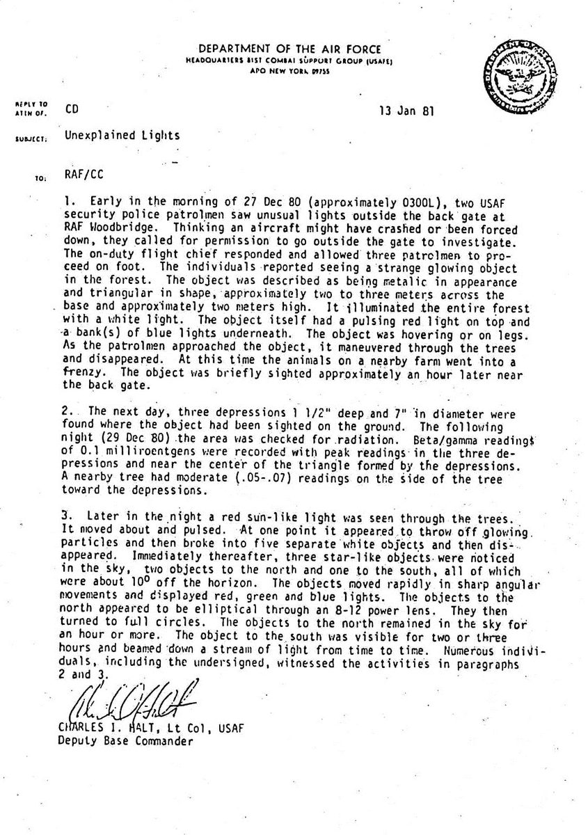 1981年1月13日付、件名「Unexplained Lights」のハルト中佐のメモ