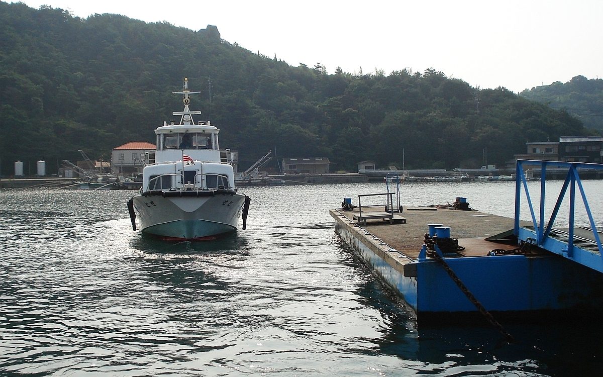 小さな港の浮桟橋に、白い旅客船が近づいてくる。背後には緑の山