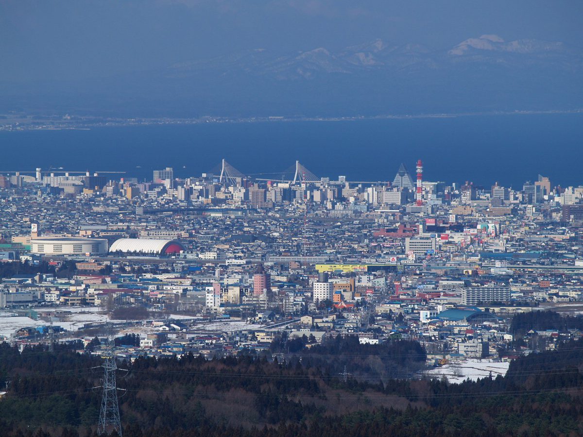 山の上から見下ろした青森市の街並みと陸奥湾