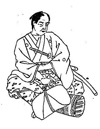 烏帽子をかぶり、裃姿で座る男性を描いた明治時代の木版の肖像