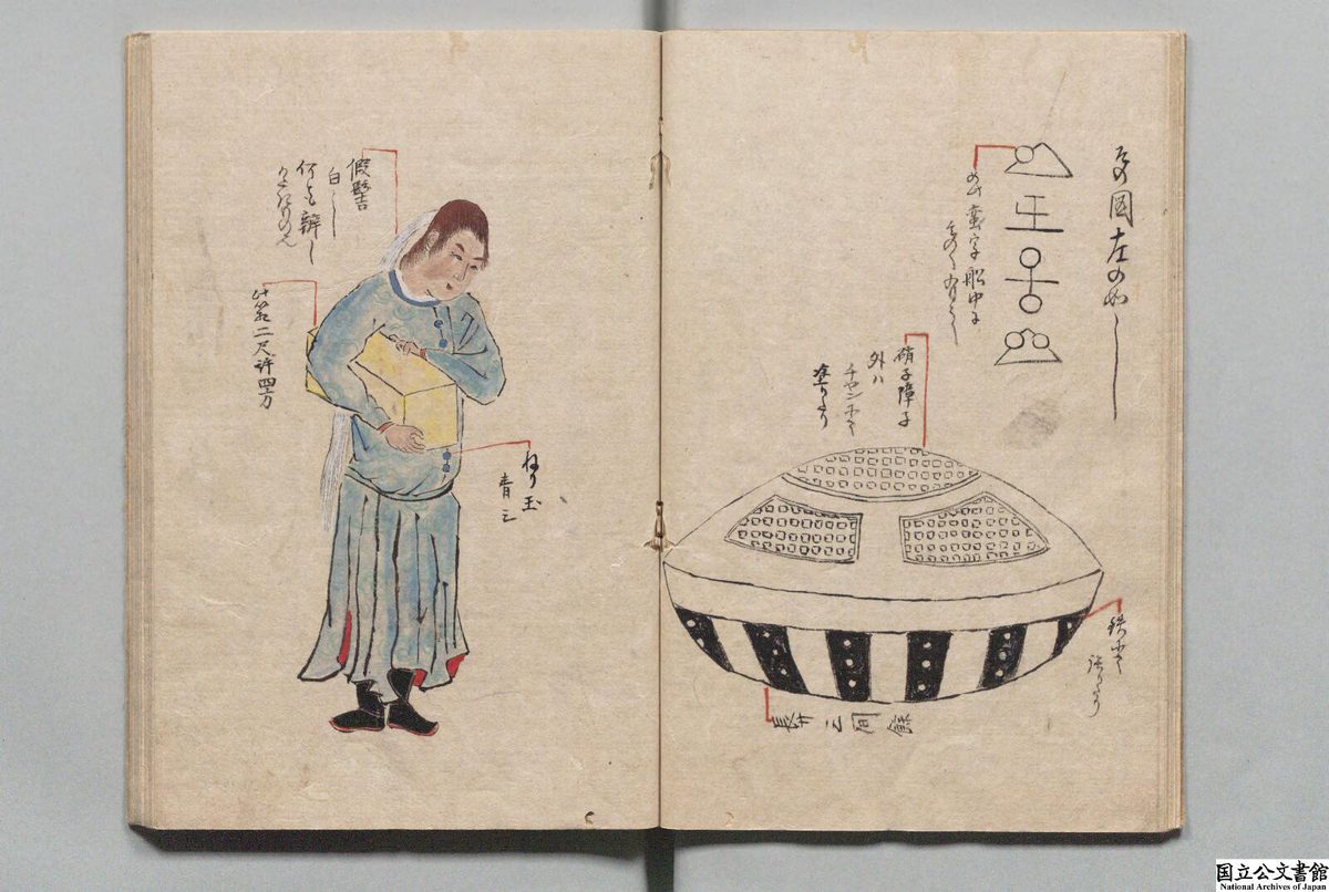 弘賢随筆に描かれたうつろ舟の図。箱を抱えた女性と、窓のある円盤形の舟、舟の上に四つの記号